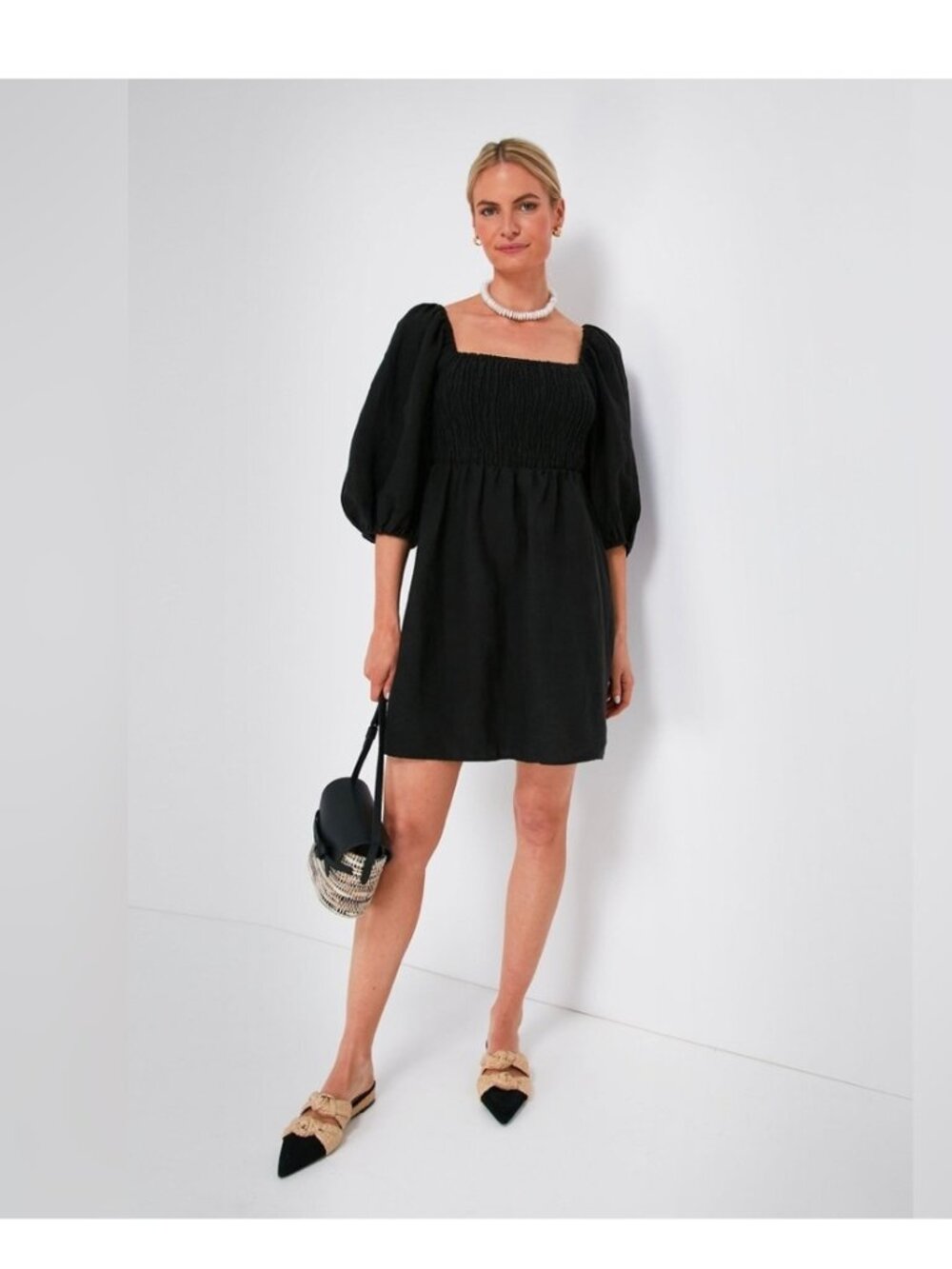 Tuckernuck Annie Linen Smocked Balloon Puff Sleeve Mini Dress Black XS